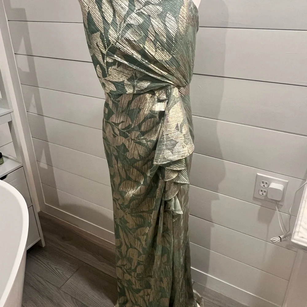 Adrianna Papell One Shoulder Green and Gold Dress - Picture 2 of 9